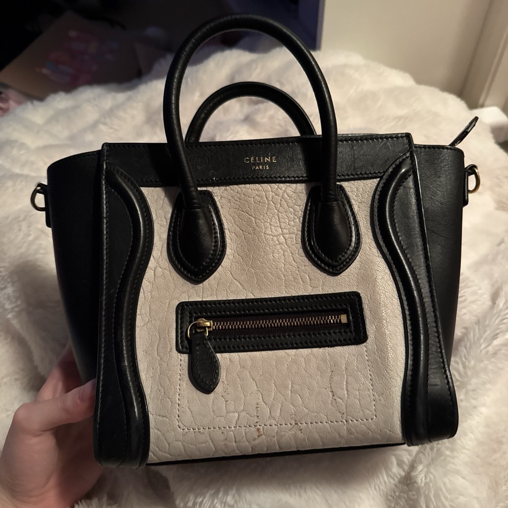 Celine smiling luggage authentic Two-Tone Mini Tote in Cream and Black Leather